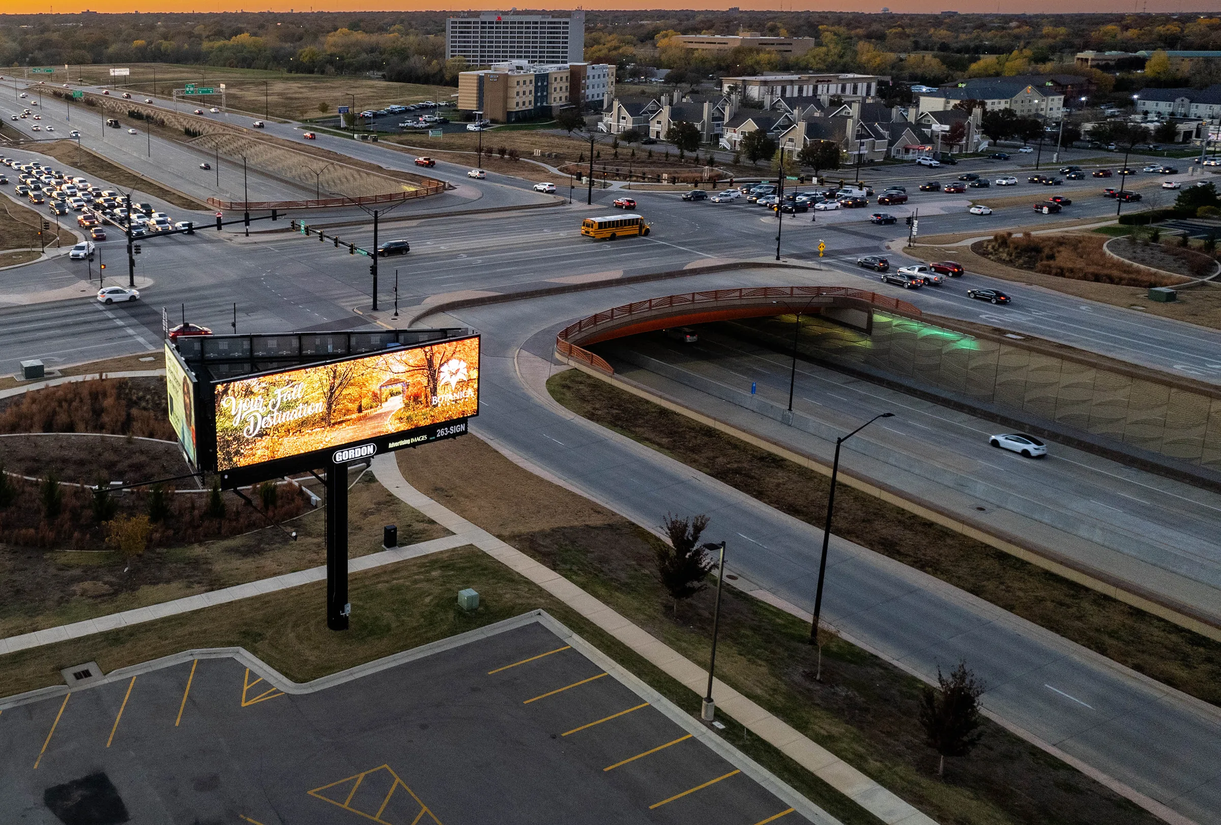 Three-sided digital billboard on the south east corner of Kellogg and Webb Road.
