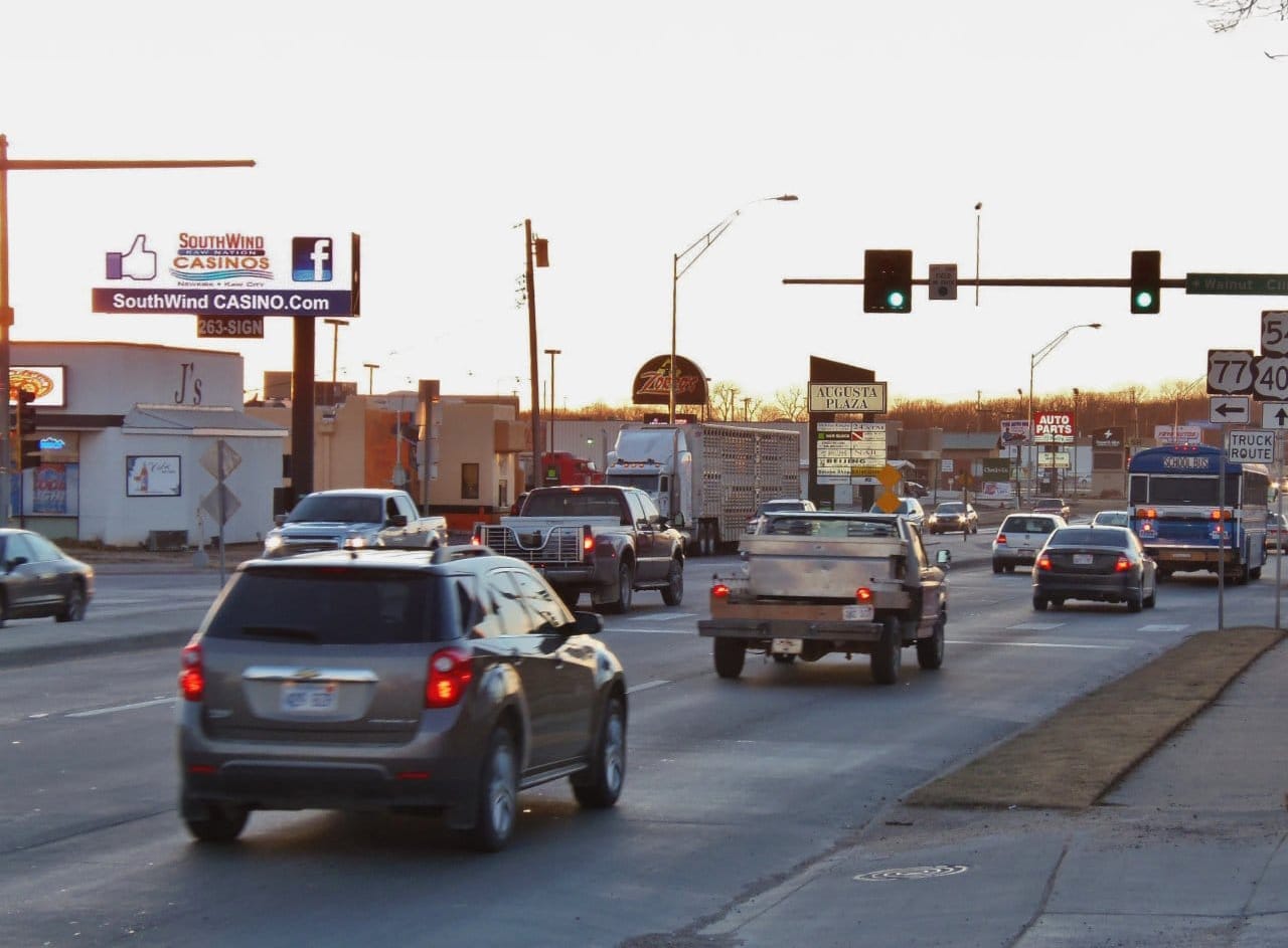 East facing static billboard on the corner of Hwy 77 and Kellogg in Augusta, Kansas.