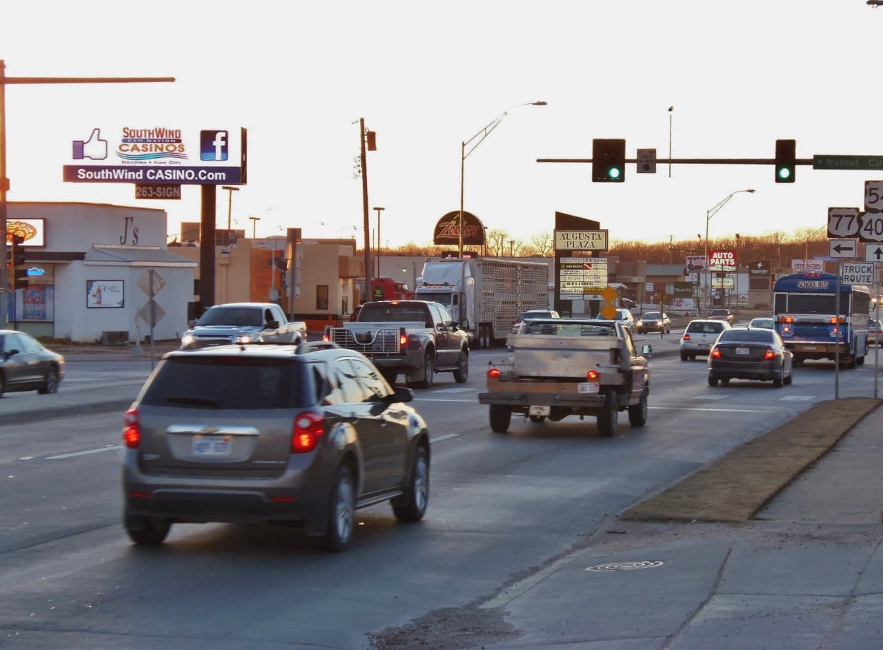 East facing static billboard on the corner of Hwy 77 and Kellogg in Augusta, Kansas.