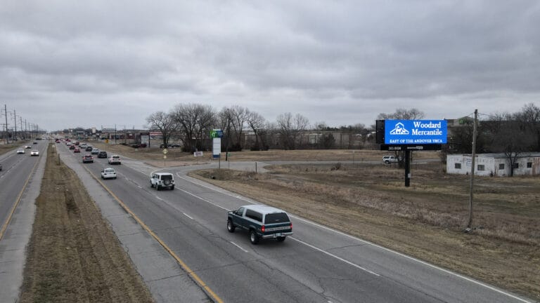 West facing billboard located near the E Kellogg and Andover Rd intersection.