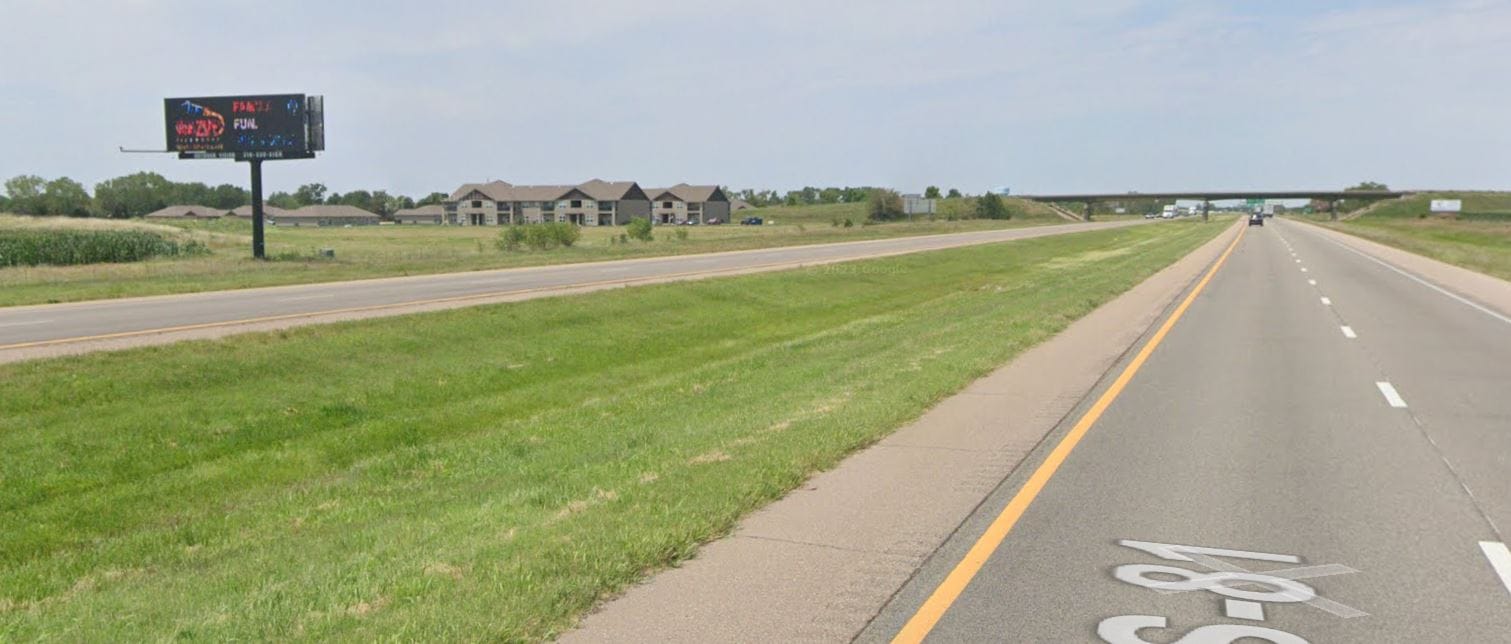 South facing digital billboard near exit 28 on I-135 near South Newton, Kansas.